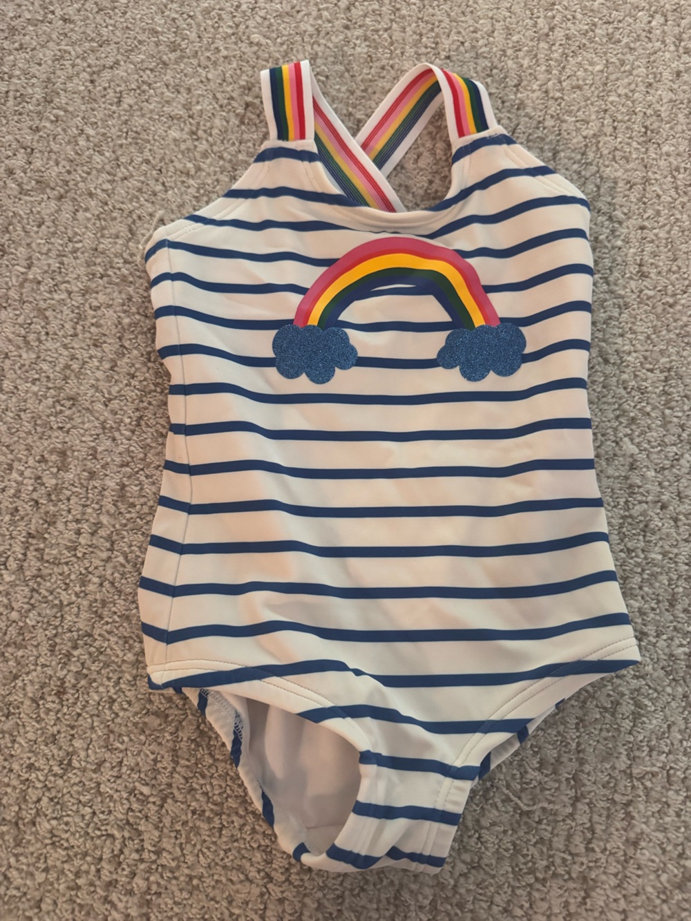 Hanna Andersson White Striped Swimsuit with Rainbow Trim